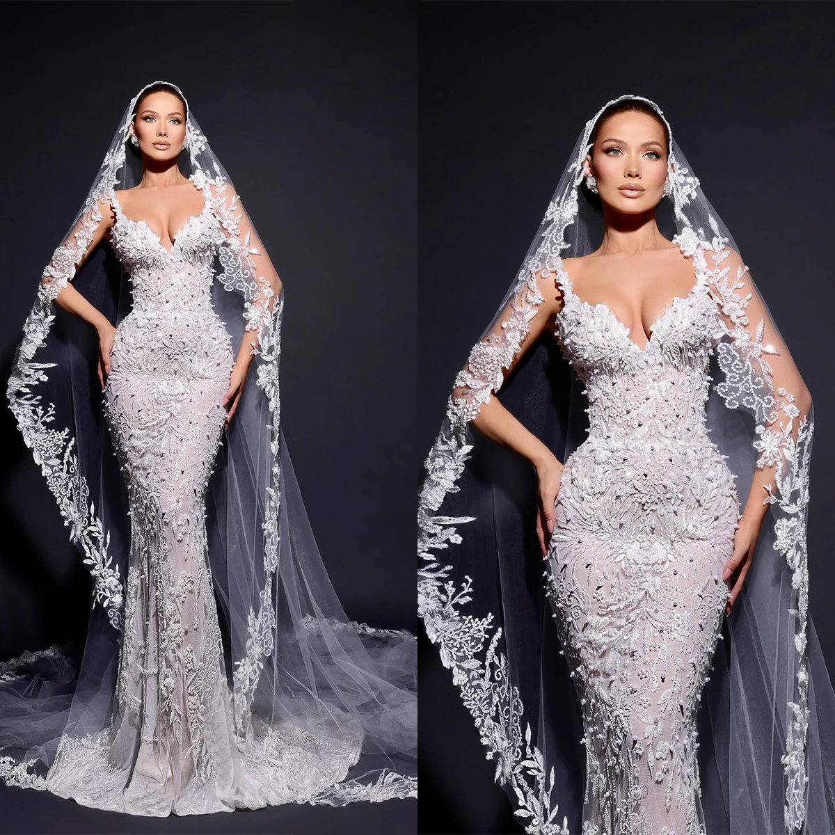 

Charming Mermaid Wedding Dresses Spaghetti 3D-Floral Appliques Pearls Sweep Train Backless Bridal Custom Made Robe De Mariée