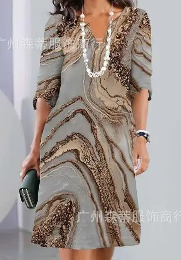 

Dresses Women 2023 Summer Fashion Printed 3/4 Sleeve V-Neck Loose Casual Mid Length Dress Female Clothing