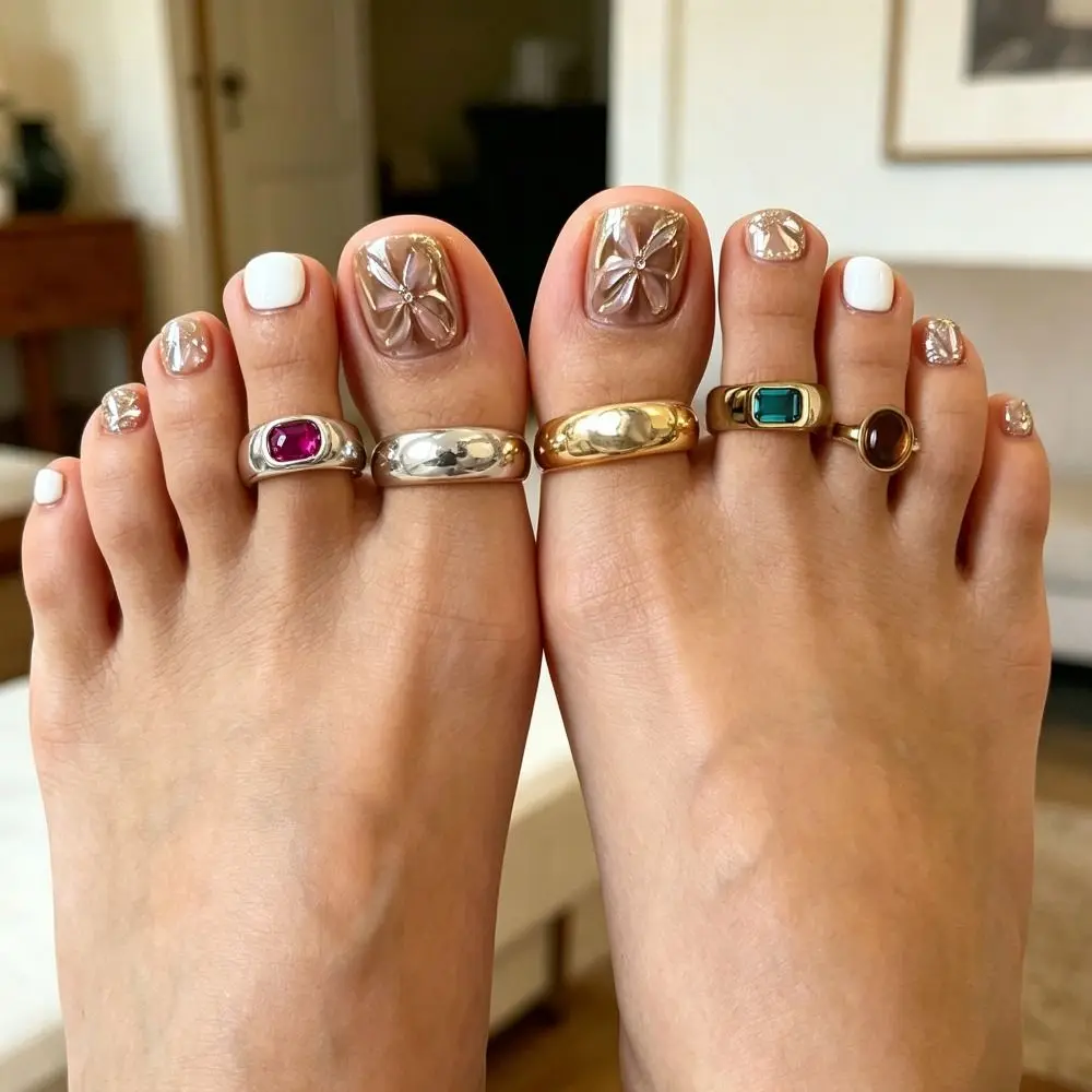 Personality Geometric Foot Ring Set Metal Gemstone Toe Rings Silver Rhinestone Women Foot Ring Beach