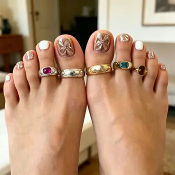 Personality Geometric Foot Ring Set Metal Gemstone Toe Rings Silver Rhinestone Women Foot Ring Beach