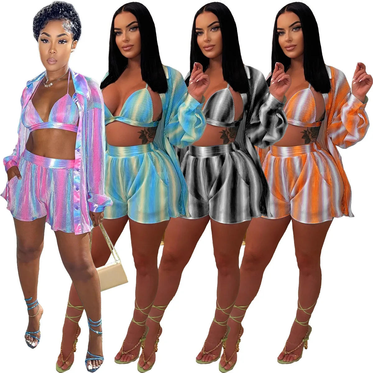 

Glossy Summer Shirt and Short Sets Women's Suit Striped Casual Blouse Crop Bras and Shorts 3 Piece Set 2023 Streetwear Outfit