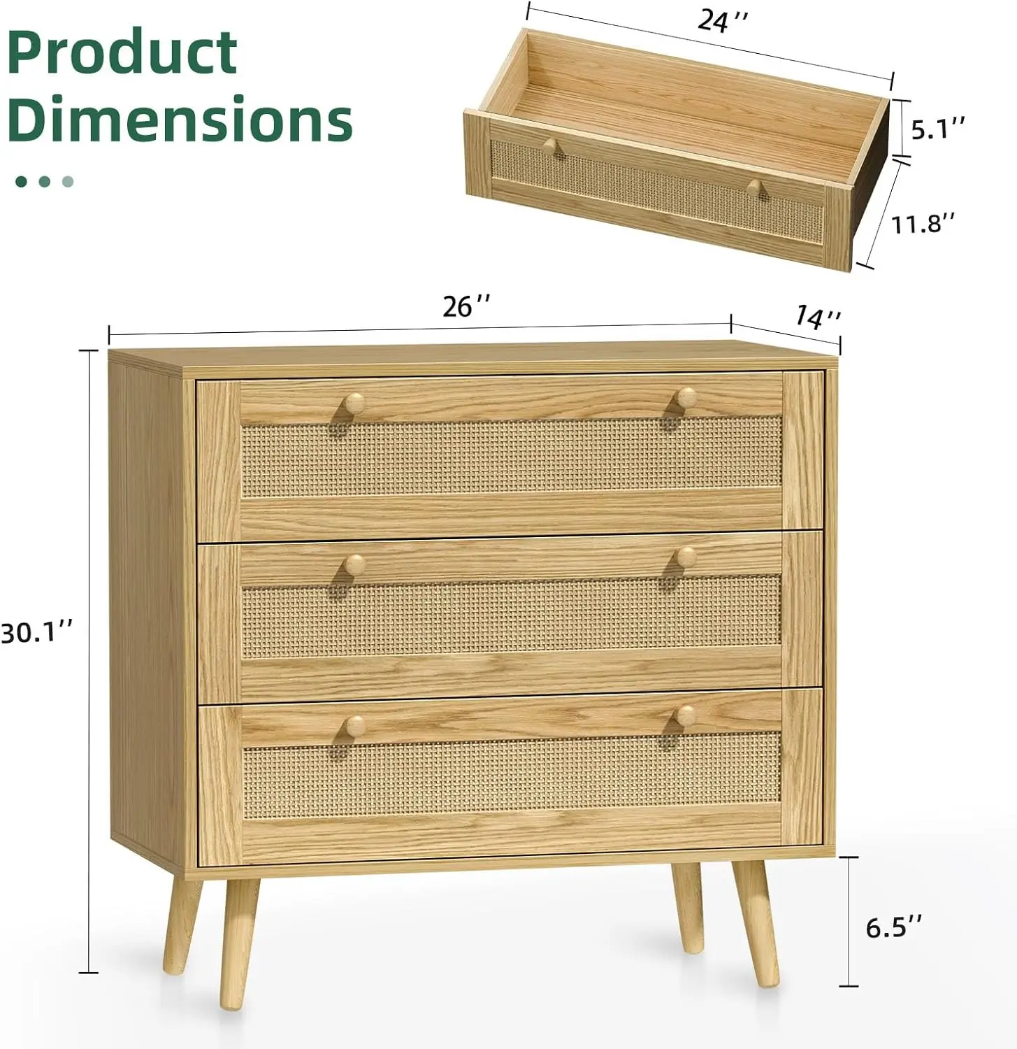 3 drawer rattan dresser for bedroom modern wooden chest with handles