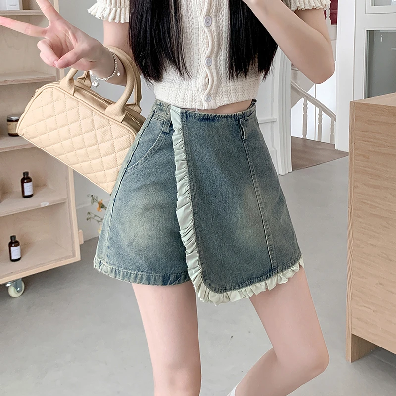 Summer new irregular denim skirt a word half-body skirt female high waist thin temperament package hip shorts skirt