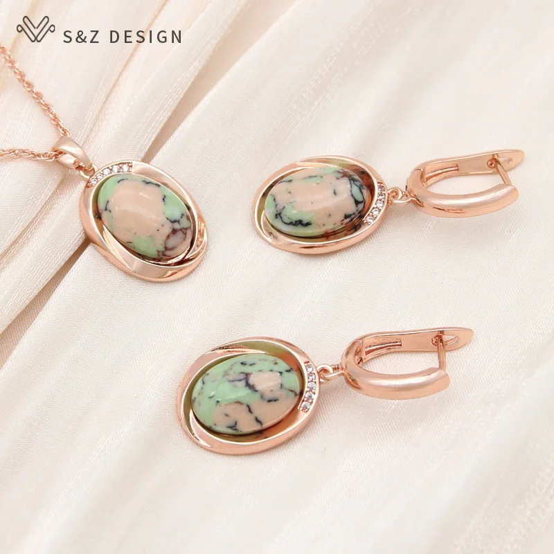 S&Z DESIGN New 585 Rose Gold Color Egg Shape Synthetic Turquoises Drop Earrings Jewelry Sets For Women Wedding Pendant Necklace