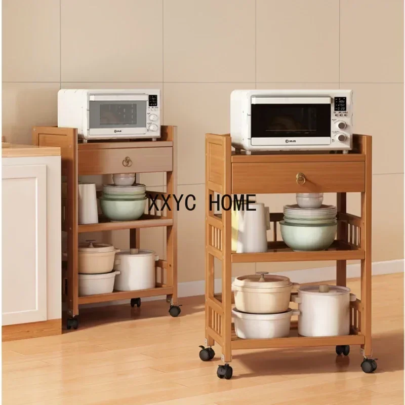 Multi-functional Storage Cart Multilayer Drawer Microwave Oven Rack Natural Bamboo Storage Rack Mobile Pulley Kitchen Furniture