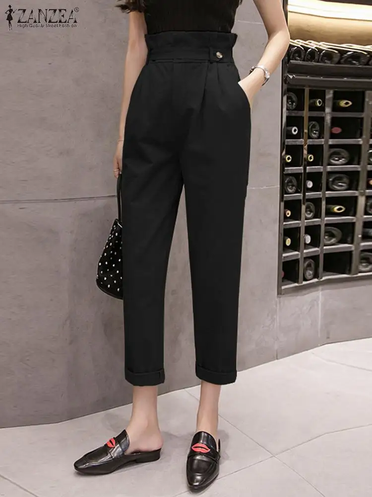

ZANZEA 2023 Autumn Pockets Capris Women High Waist Long Pants Vintage Solid Belted Trousers Casual Straight Cropped Pantalons