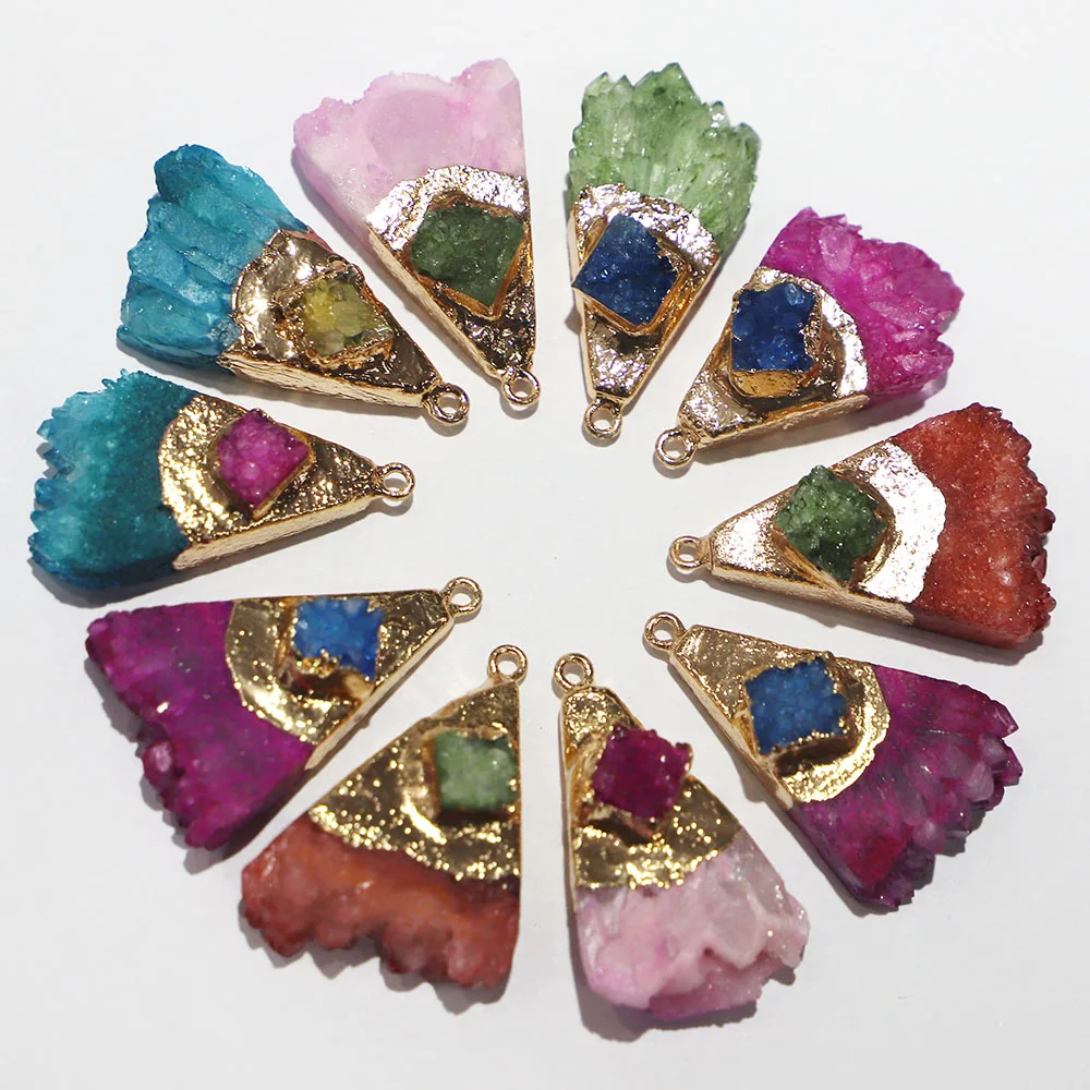 

4pcs/lot Natural Stone Agate Bruzy Gold Plated Scalloped Necklace Pendant Metal Mineral Specimen Slice Charm Geode Rough Jewelry