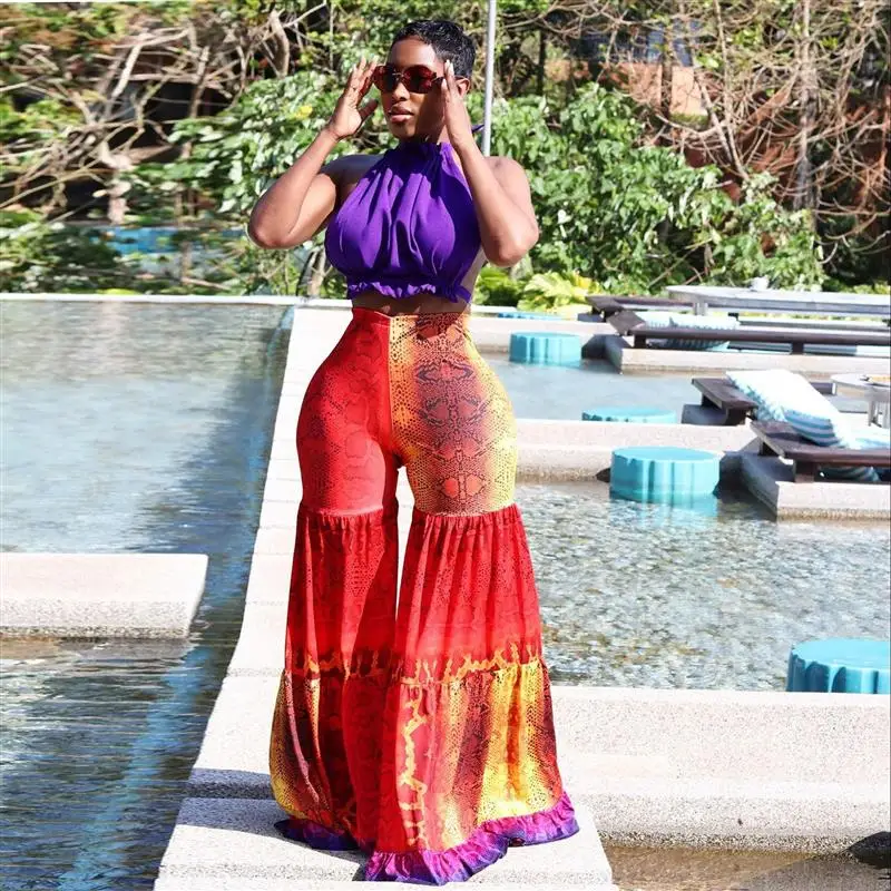 

Langmao Summer Wide Leg Pant Suit Women African Printed 2 Piece Set Halter Sleeveless Short Top Patchwork Ruched Long Pant Set