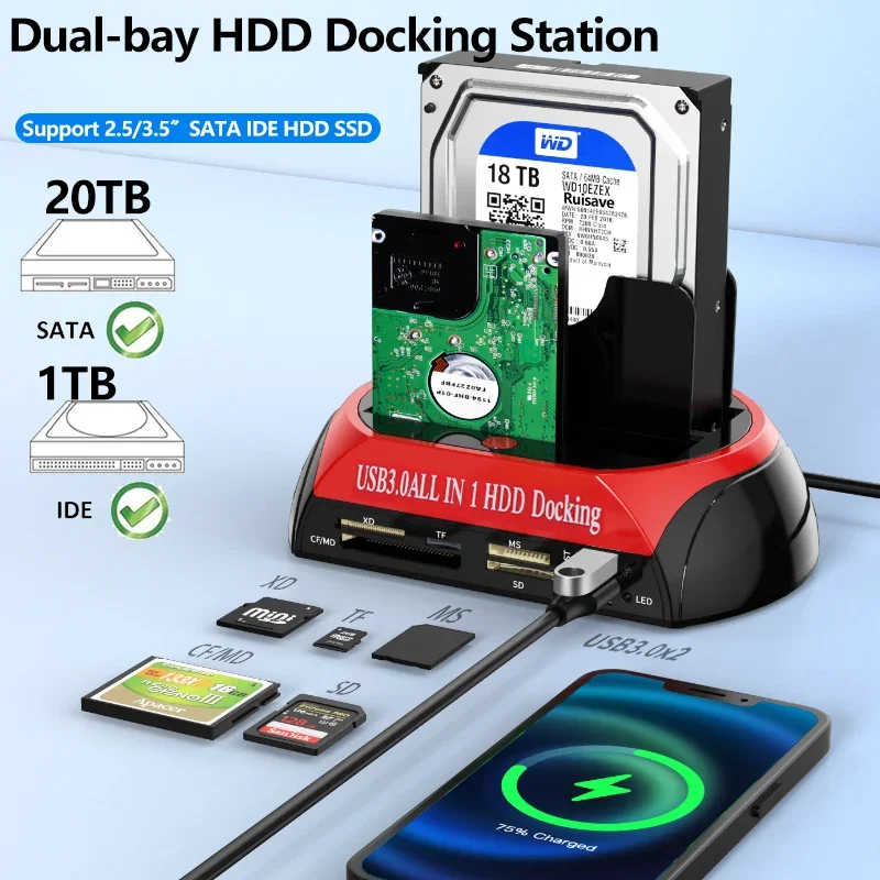 HDD Docking Station 10 IN 1 Dual-bay SATA IDE with 12V Power Adapter for 2.5/3.5 Inch HDD/SSD TF Card