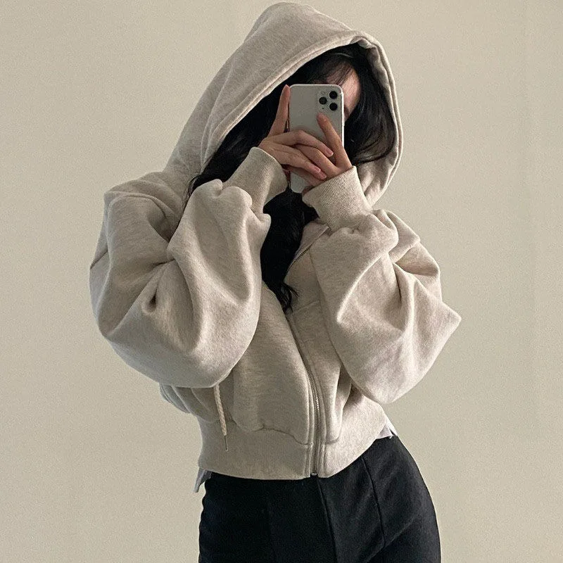 

2023 Autumn Retro Solid Color Zip Up Oversized Hooded Sweatshirts Women Harajuku Korean Version Long Sleeve Short Hoodies Coat