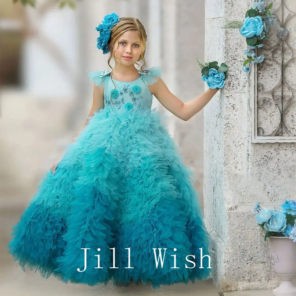 

Jill Wish Elegant Turquoise Girl Dress Dubai Beading Princess Kids Wedding Birthday Party Ball Gown Holy Communion 2024 J181