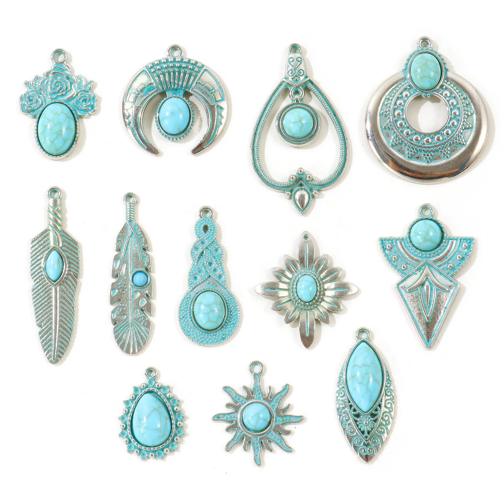5 Stück Bohemian-Stil Anhänger Geometrisch Antiksilberfarben Grün Blau Patina Imitation Türkis Anhänger DIY Halskette Schmuck