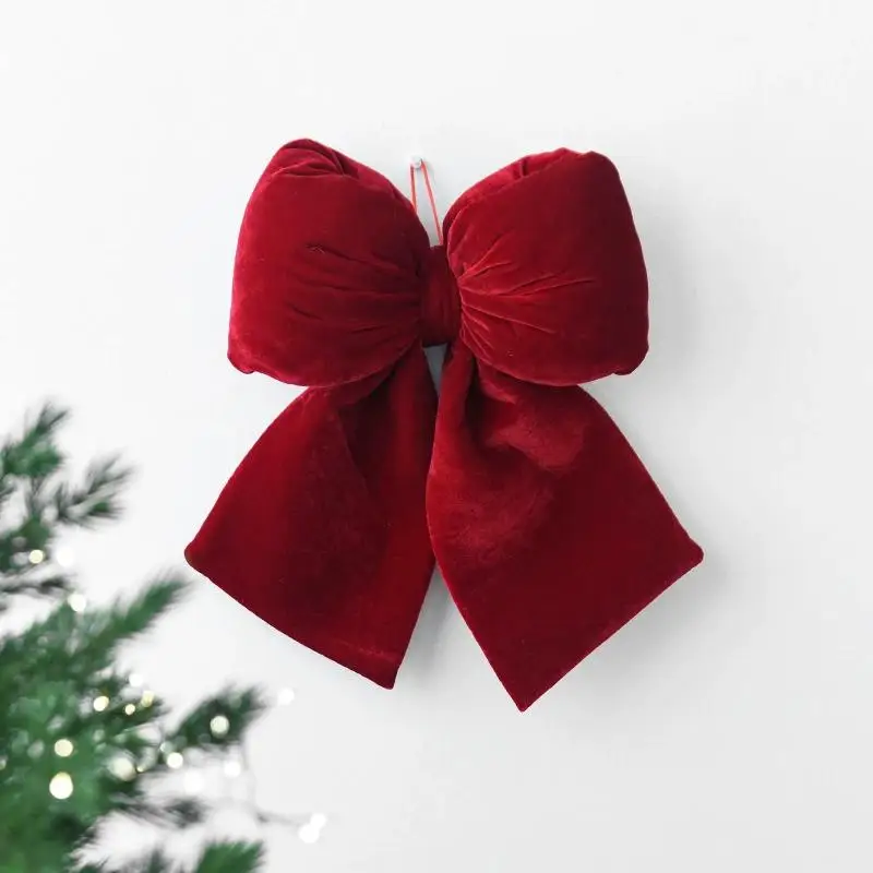 Christmas Velvet Red Bow Decoration Xmas Trees BowKnot Baubles Hanging Ornaments DIY Pendant New Year Home Party Decorations