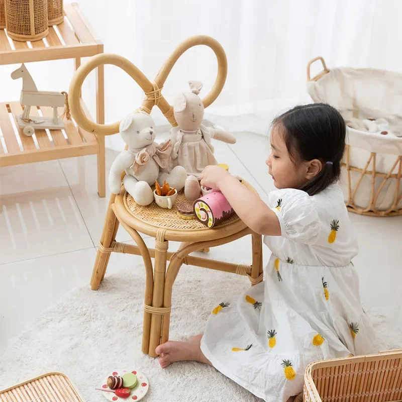 Children's Rattan Chair Natural Rattan Bow Chair Photography Log Color Backrest Children Chairs