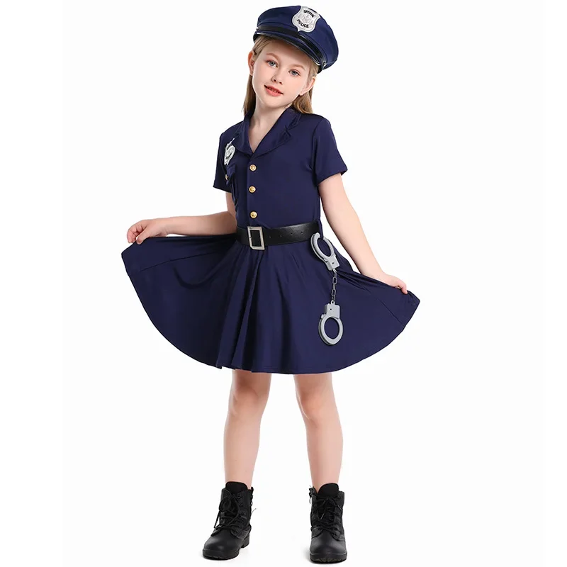 Cosplay Costume Children Police Role Play Dress Up Female Officer Belt Uniform Carnival Party Performance Halloween Toys Gifts