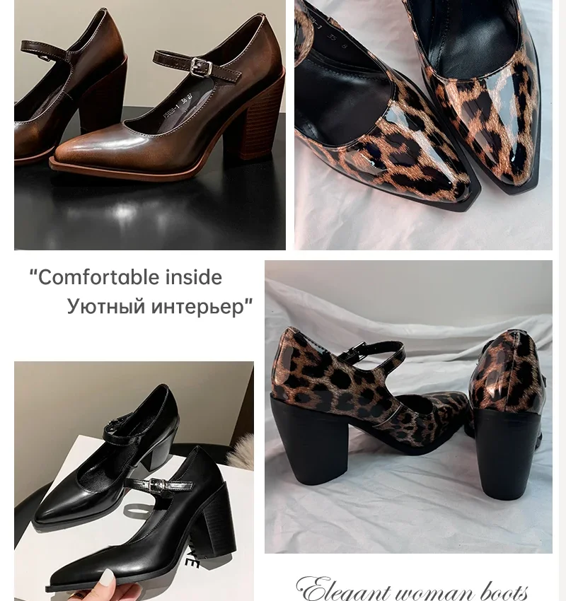 Ods Pumps High Quality Genuine Leather High Heels Mary Jane Shoes Women's Heels Leather Shoes Women  Strap Pointed Toe Flats 42 3