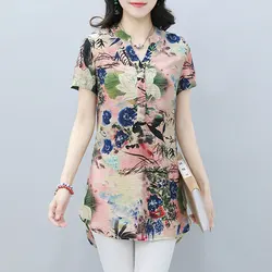 Vintage Folk Print V - Neck Midi Blouse - Elegant Summer Casual Wear - XXXL (Picture Color)