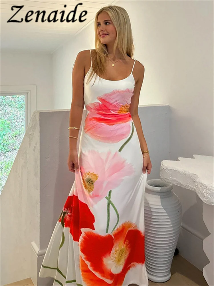 

Женское длинное платье на бретелях-спагетти Zenaide, элегантное пикантное пляжное платье-трапеция с открытой спиной и цветочным принтом, Y2K, лето 2024