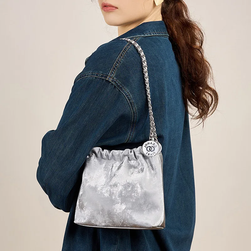 New Chinese silk cowhide garbage bag chain women's Guofeng shoulder crossbody small large capacity bucket bag tide