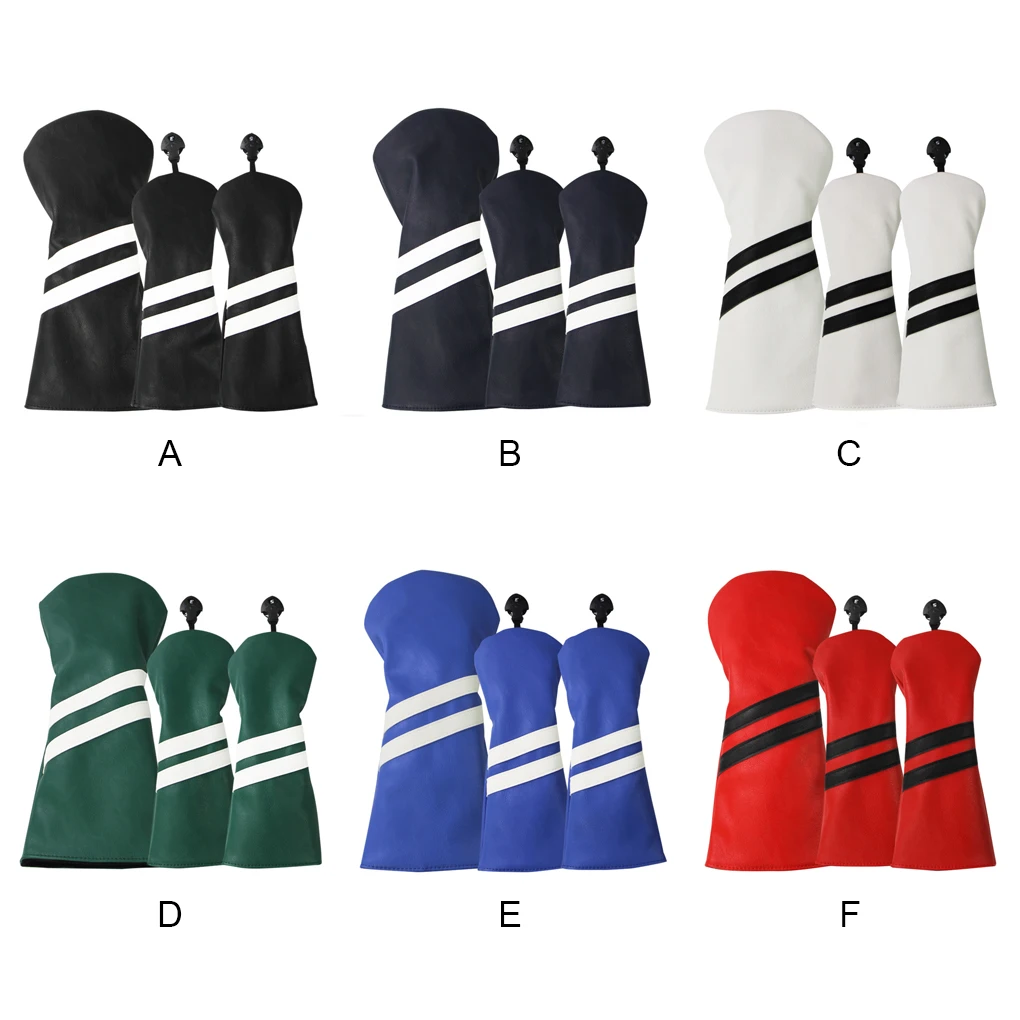 

3Pcs Set PU Double Stripe Golf Club Head Cover Interchangeable Protective Sheath Rotating Number Plate Wood Protector Green