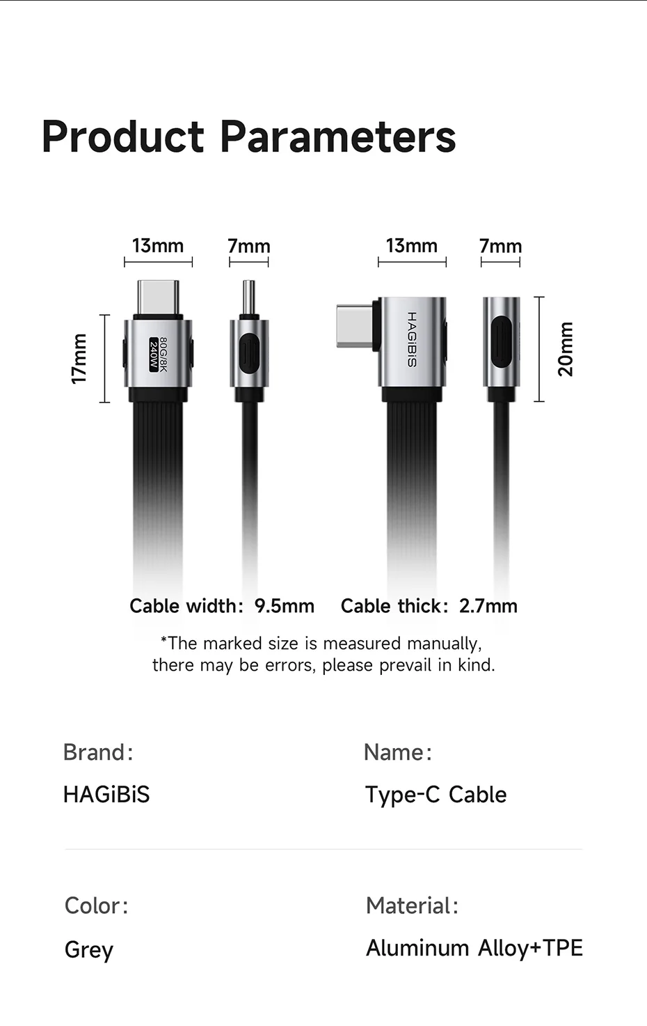 USB4 Flat Hagibis Cable 90° – 240W | 80Gbps | 8K@60Hz (Reinforced)