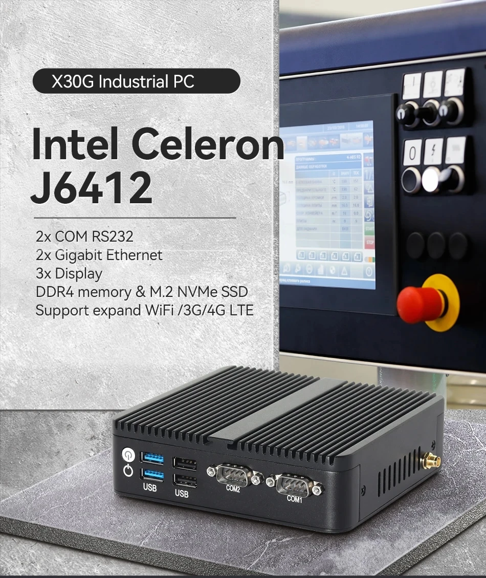 Industrial Mini PC Intel Celeron J6412 8GB DDR4 128GB M.2 NVMe SSD 2x COM RS232 2x GbE LAN 3x Display 4x USB Windows 10/11 Linux 2