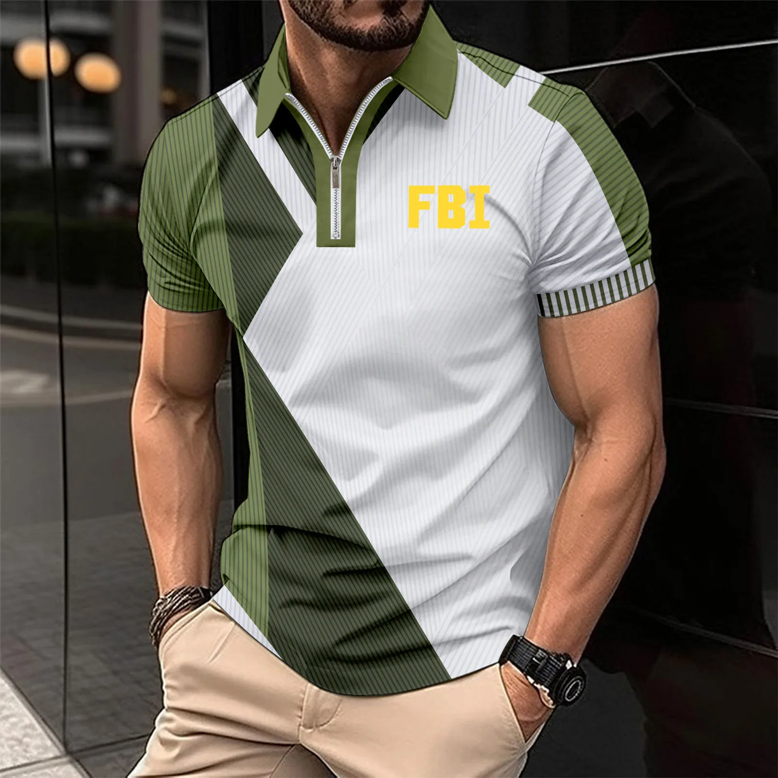 Description Picture 5 of itemPOLO shirt mens FBI print Color contrast striped casual men's shirt High quality breathable cool 3d POLO shirt Oversized T-shirt