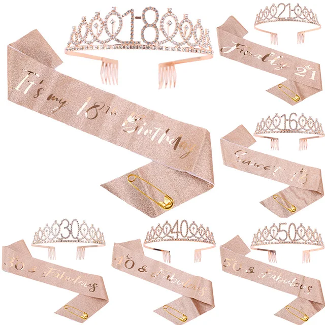 Girls Birthday Party Decoration 18 21 30 40 50 Rose Gold Satin Sash Crystal Crown Tiara Happy Birthday Anniversary Party Supply