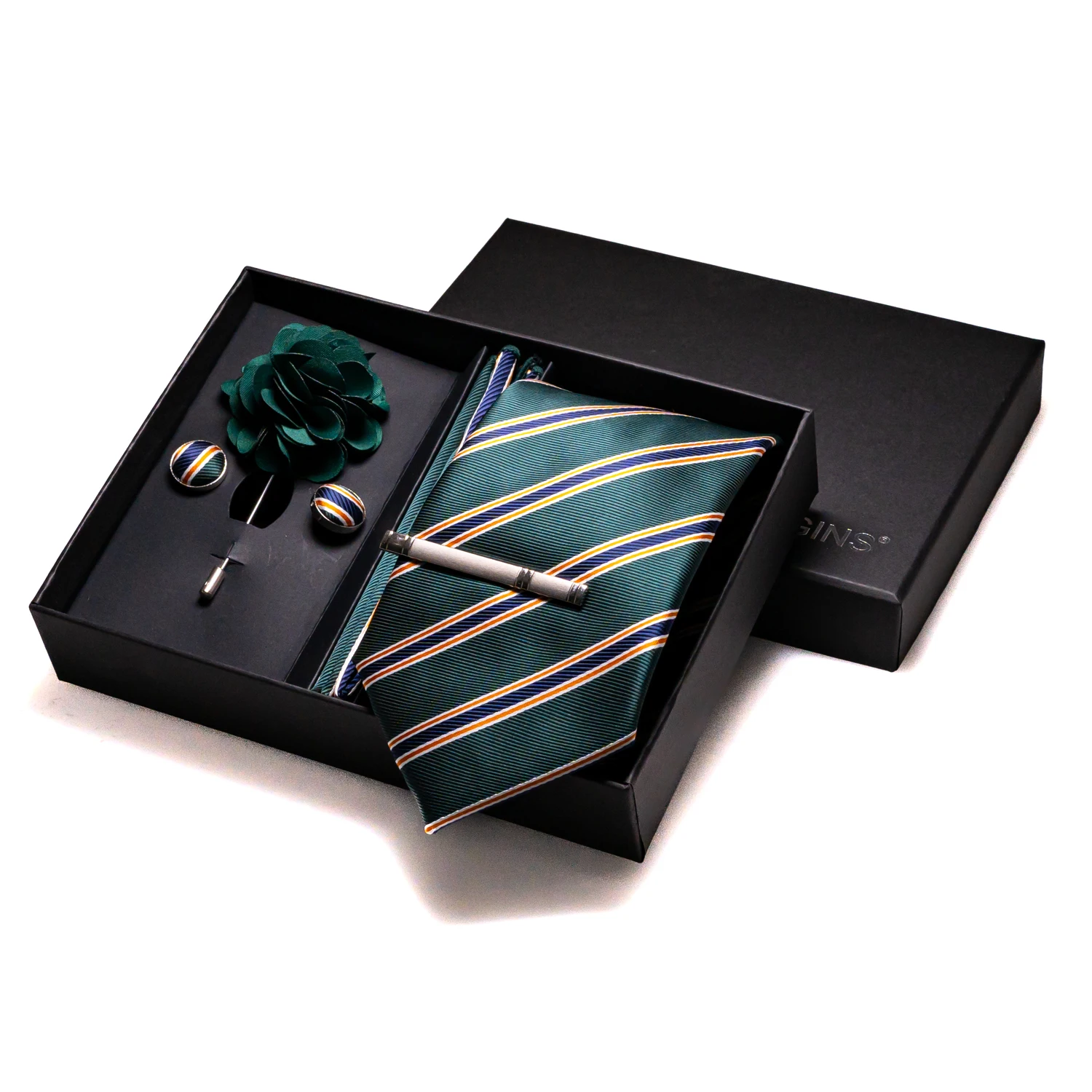 Silk Ties for Men Luxury Dark Green Stripes Wedding Accessories Mens Necktie Pocket Square Cufflinks Pin And Elegant Gift Box neck tie pocket square
