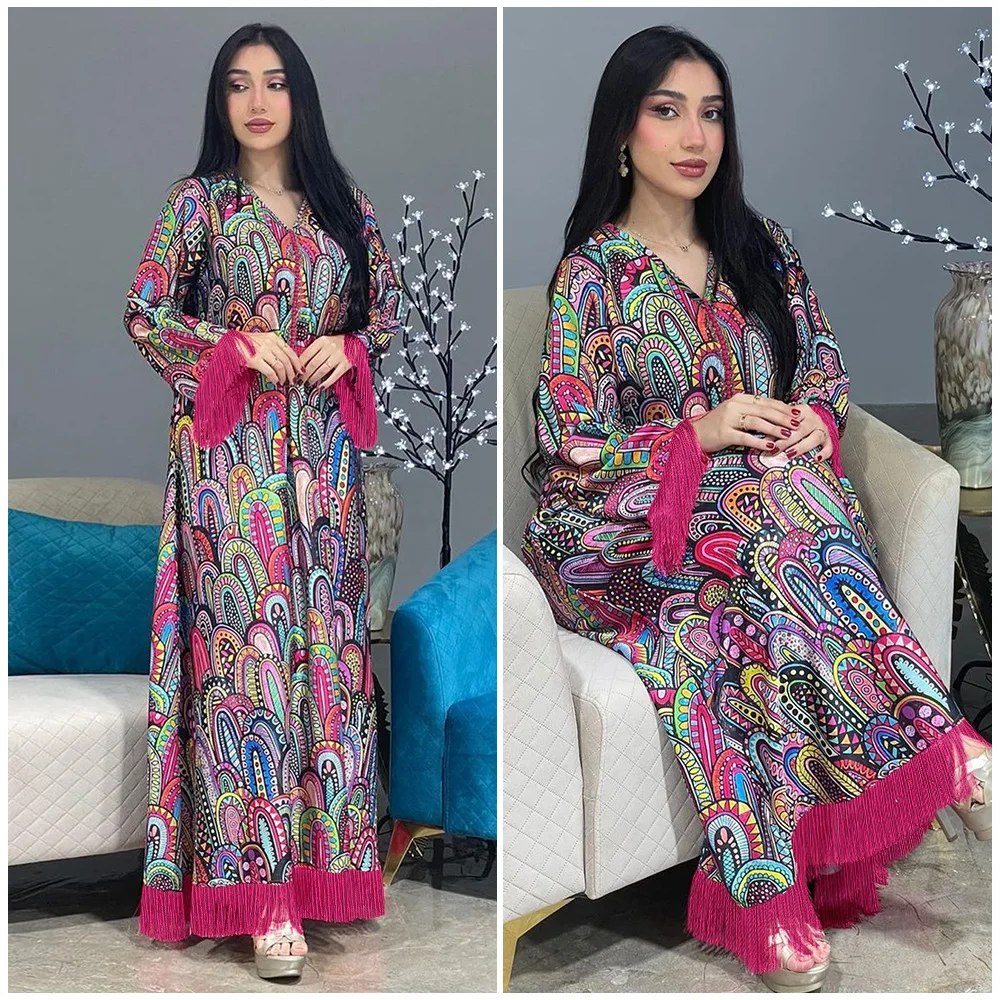 Saudi Arab Women Dress Fashion Printing Tassel Patchwork Long Sleeve Casual Losse Abaya Moroccan Dubai Daily Party 2024
