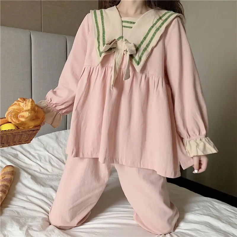Women Spring Pajamas Korean Lace Pyjamas Long Sleeve Sweet Nightdress Doll Collar Plaid Sleepwear Casual Loose Home Wear Set