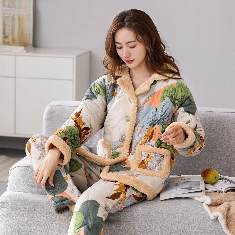 Woven Quilted Pajamas Winter New Women Three Layers Warm Plush Thicken Homewear Casual Female Stand Collar Sleepwear Set 2024