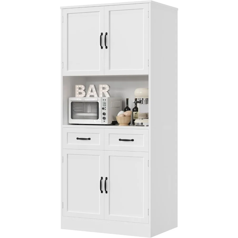 Kitchen Pantry Storage Cabinet, Modern Kitchen Hutch Bar Cabinet with Microwave Stand, Wood Buffet Sideboard with Hutch