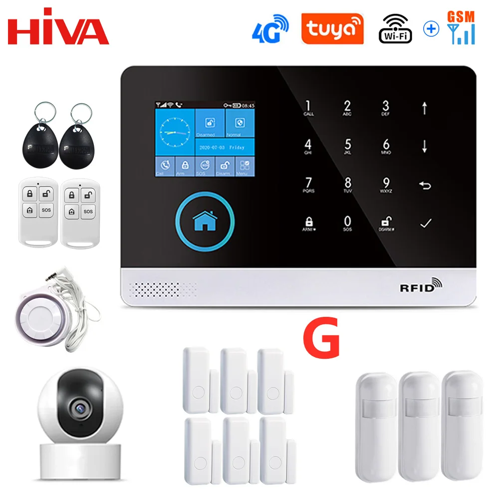 PG-103 4G 3G GSM Wireless Alarm System with IP Camera Tuya SmartLife APP Control for Home Security Alarm PIR Sensor Door Sensor 