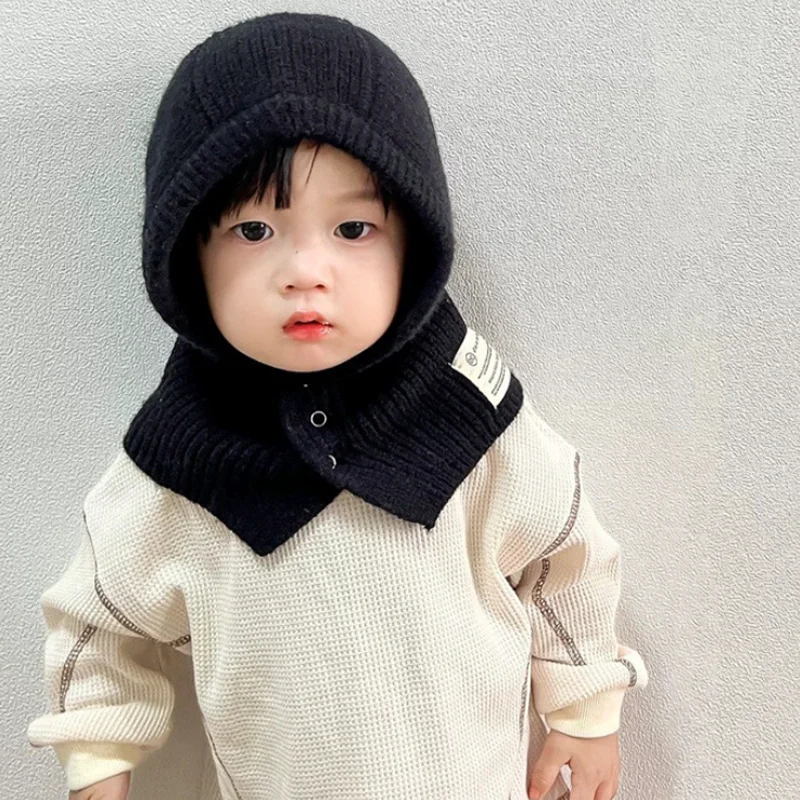 

Korean Winter Baby Hood Beanies One Piece Scarf Cap Warm Knitted Ear Protection Balaclava Hat Solid Color Infant Headgear Bonnet