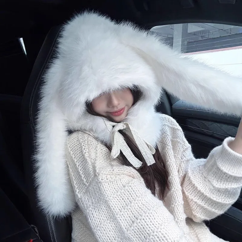 Bunny White Plush Rabbit Ear Hat Women Winter Cute Warm Balaclava Scarf Integrated Neck Protection Neck Cover Hat Beanies Gifts