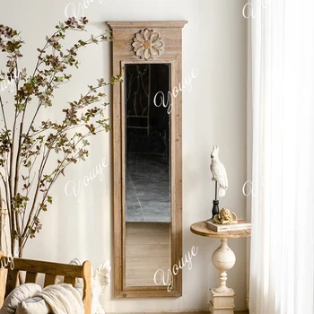 French retro mirror full-length mirror wall-mounted full-length mirror living room home solid wood old engraved clothing store d