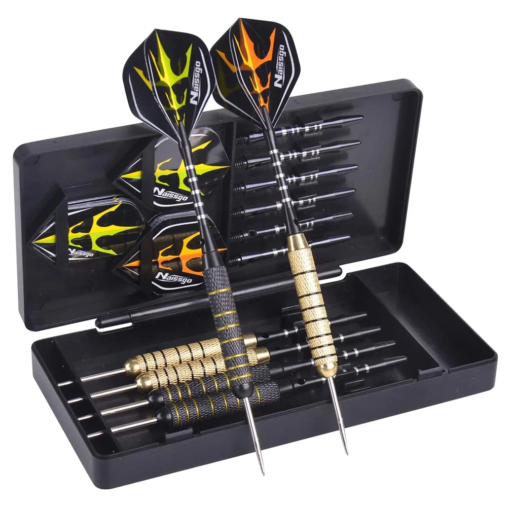 

21g Professional Darts 6 Pc Steel Tip Darts Set with Extra Flights Aluminum Shafts Rubber O-Rings Tool Sharpener Gift Case