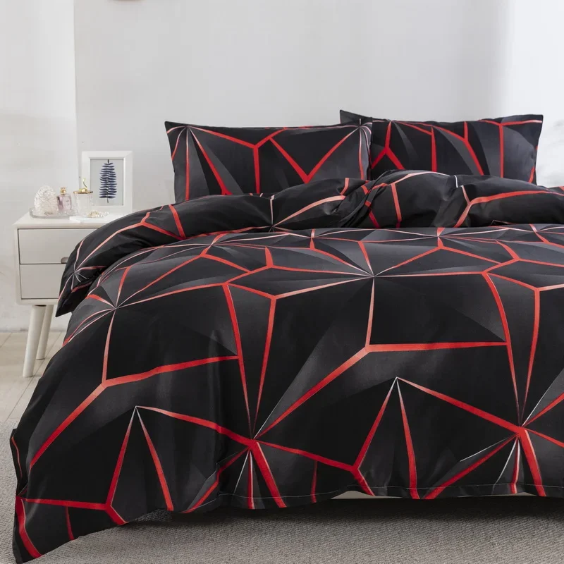 Black Red Geometric Duvet Cover Queen 3D Three Dimensional Geometrical Bedding Set Modern Abstract Neon Line Comforter Cover