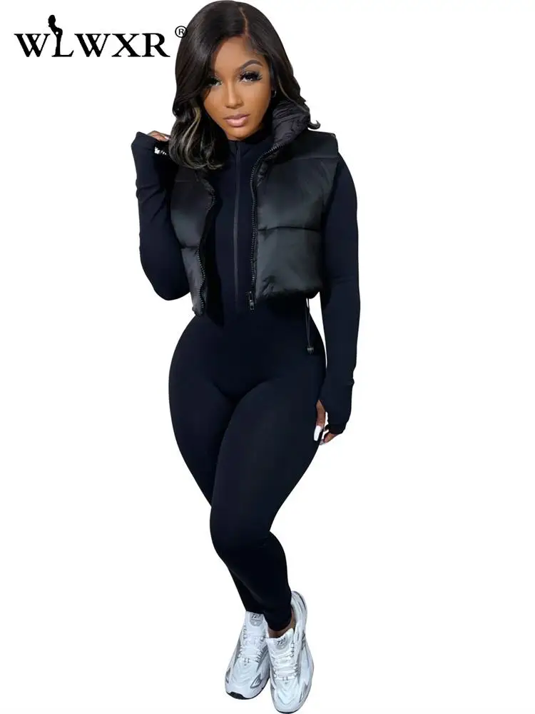 

WLWXR Winter Jackets For Women 2022 Streetwear Sleeveless Zipper Stand Collar Cropped Tops White Puffer Vest Casual Coat Tops