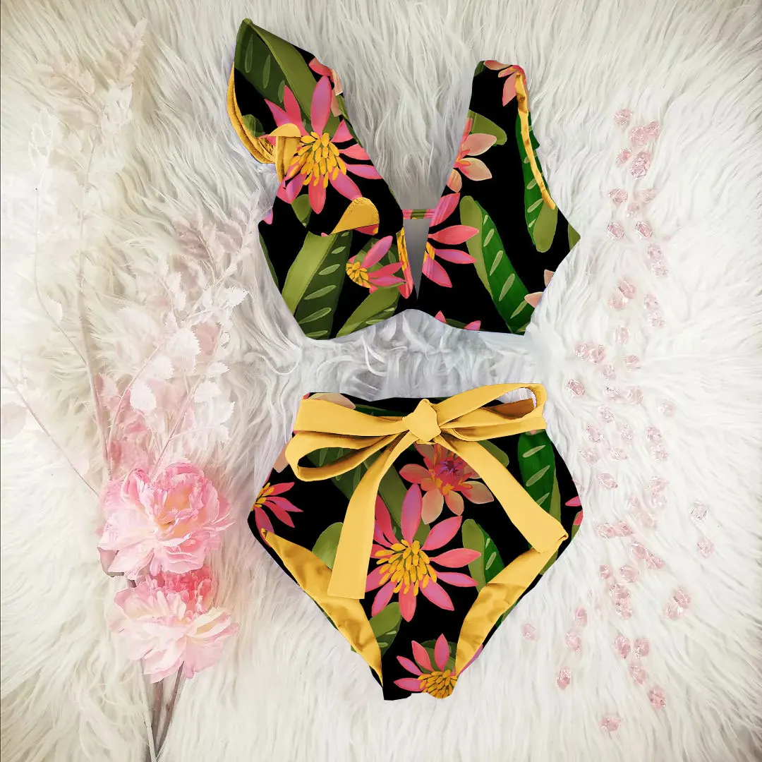 Women Swimsuit New Bikini Floral Ruffled Bikini Set Women V-neck High Waist Two Piece Swimsuit Girl Beach Bathing Suit Swimwear Biquinis