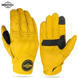 Vintage Brown Leather Motorcycle Gloves - Unisex Anti - Slip, Breathable, Touchscreen - Compatible Racing Gloves - XXL (Yellow)