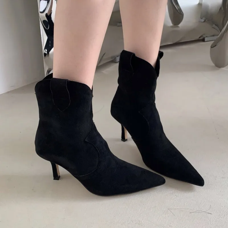 

White Ankle Boots Shoes Boots-Women Winter Footwear Low 2022 High Heel Pointy Autumn Rubber Ladies Rome Solid Flock Microfiber