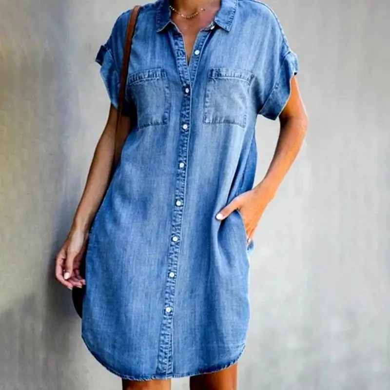 

2024 Hot New Fashion Women Denim Shirt Dresses Short Sleeve Distressed Jean Dress Button Down Casual Tunic Top