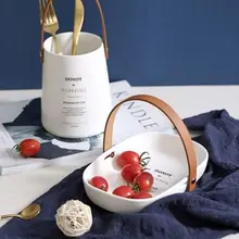 

Nordic Ceramic Tableware Storage Bucket Fruit Salad with Leather Handle Decorative Tray Household Kitchen Storage Container
