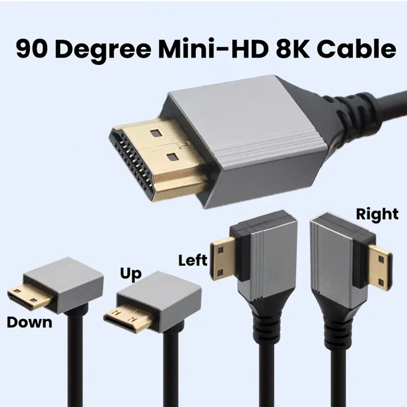노트북 카메라 태블릿 캠코더용 얇은 코드, 8K UHD 케이블, 0.5m, 1m, 90 도 상하좌우 각도, Mini-HD Micro-HD to HD 포트