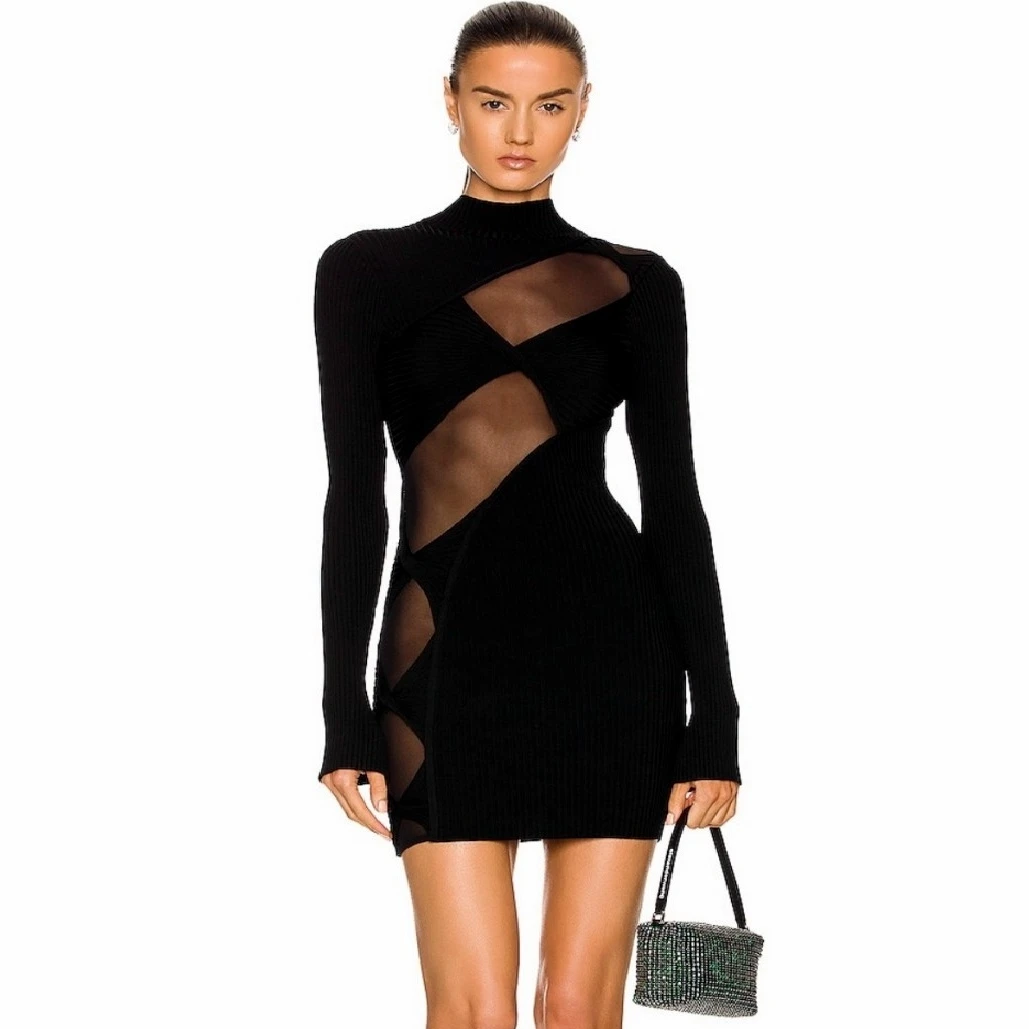 

2022 New Autumn Style Women Long Sleeve Sexy Mesh Hollow Out Bodycon Mini Dress Rayon Bandage Celebrate Birthday Party Dress