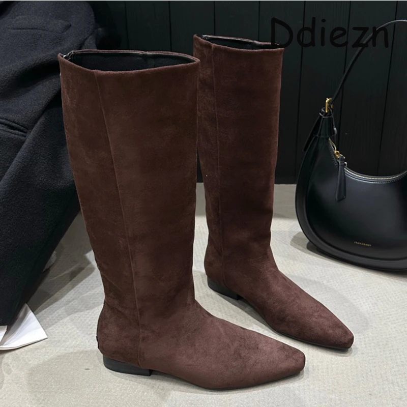 

Autumn Slip-On Knee High Boots Women Flats Shoes Footwear New Fashion Pointed Toe Female Long Western Boots Ladies Shoes