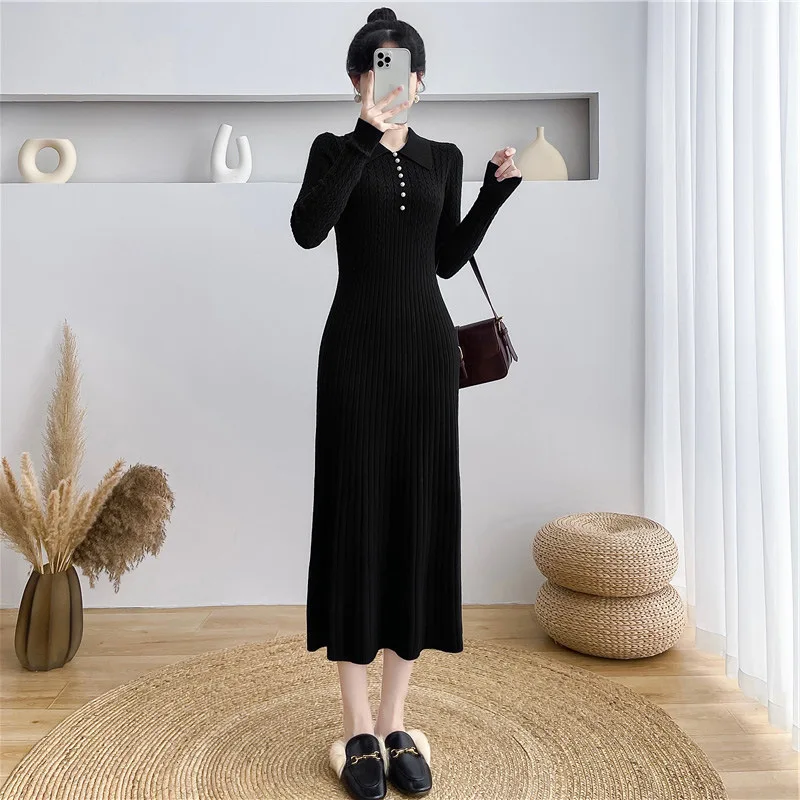 Ribbed Autumn Knit Long Dress For Women Fashion High Waist Elegant Solid Long Sleeve Dress Lapel Loose Knitwear Maxi Dress