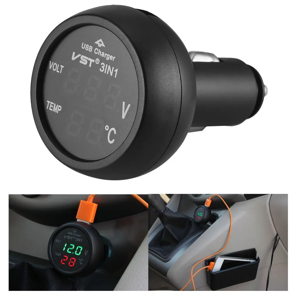 

12 В/24 В цифровой измерительный монитор 3 в 1 светодиодный USB Автомобильное зарядное устройство Вольтметр термометр Автомобильный аккумулятор монитор ЖК цифровой двойной дисплей